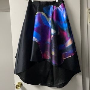Black with blue and purple flower high low skirt- satin and polyester